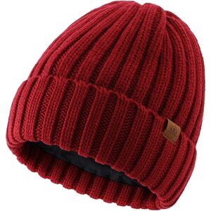 Men Red Ribbed knit Beanie Hat With Cuffed Brim and Small Leather Logo Patch